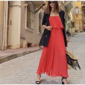 Zara Red Chiffon Pleated Jumpsuit Size Small S Sleeveless Wide Leg Sheer